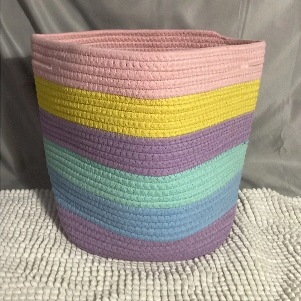 Woven Cotton Rope Storage Basket In Pastel Stripes with Handles, Fit Cube Shelf